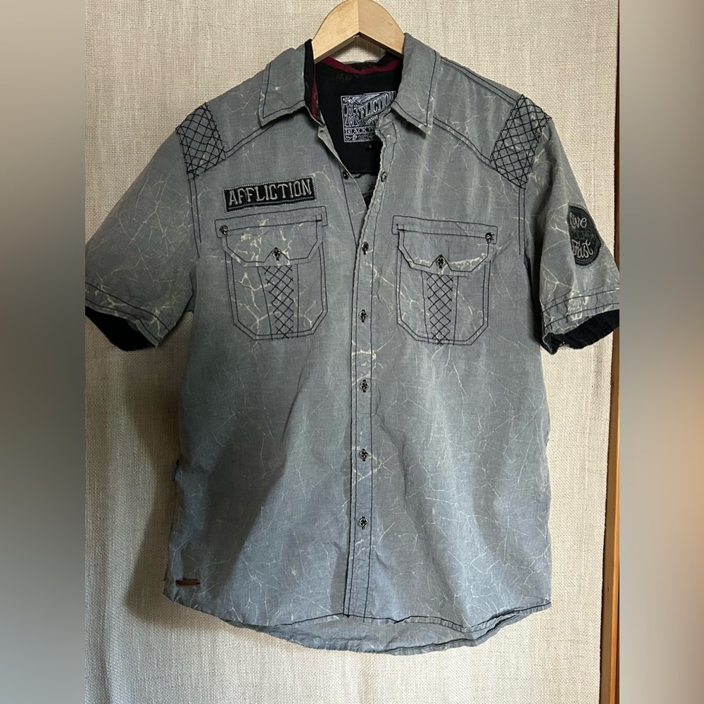 Affliction Men's Distressed Gray Button Down Shirt